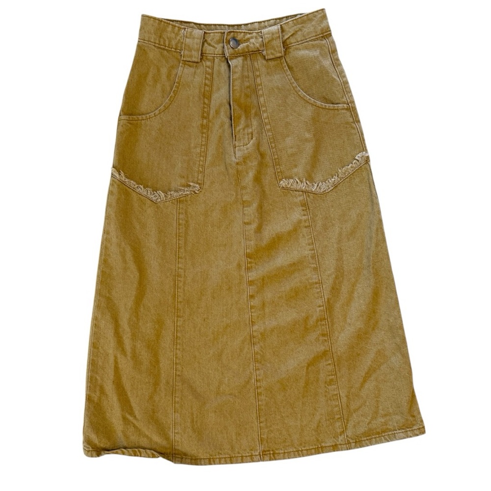 Vintage Tan Distressed Denim Midi Skirt